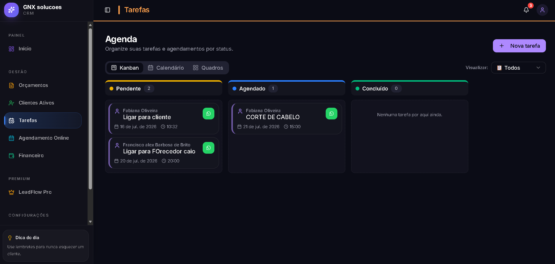 Tela de Agenda e Tarefas em Kanban do LeadFlow