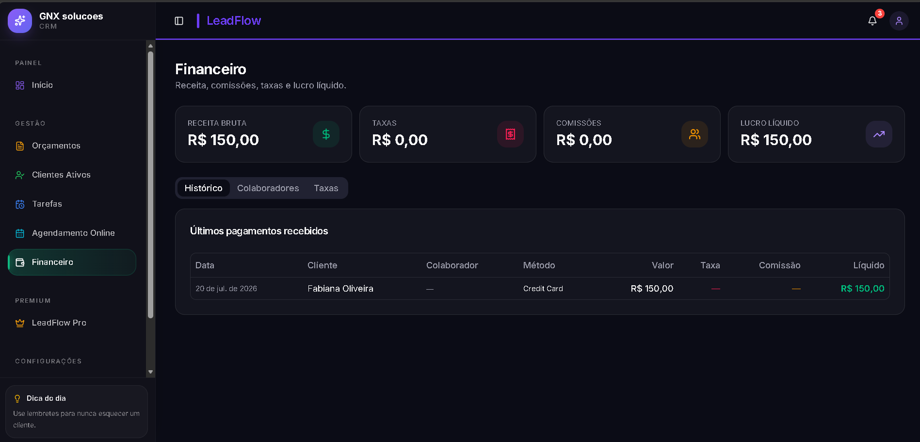 Tela do Módulo Financeiro do LeadFlow com receitas e lucro